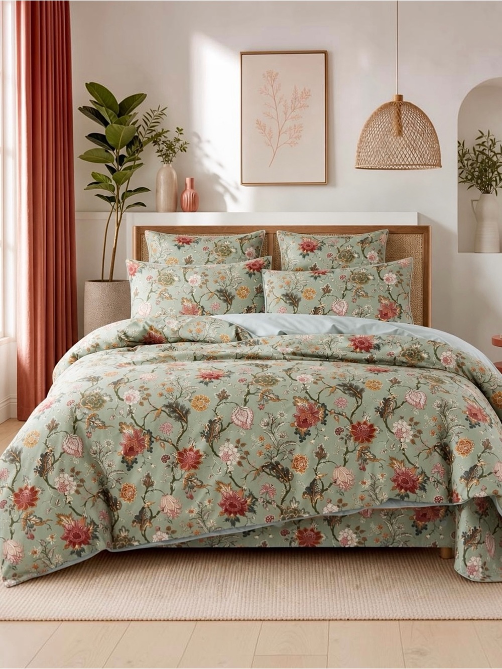 NEW Anthropologie Tiffany Green Floral Retro Antique Comforter Bedding Sham Set